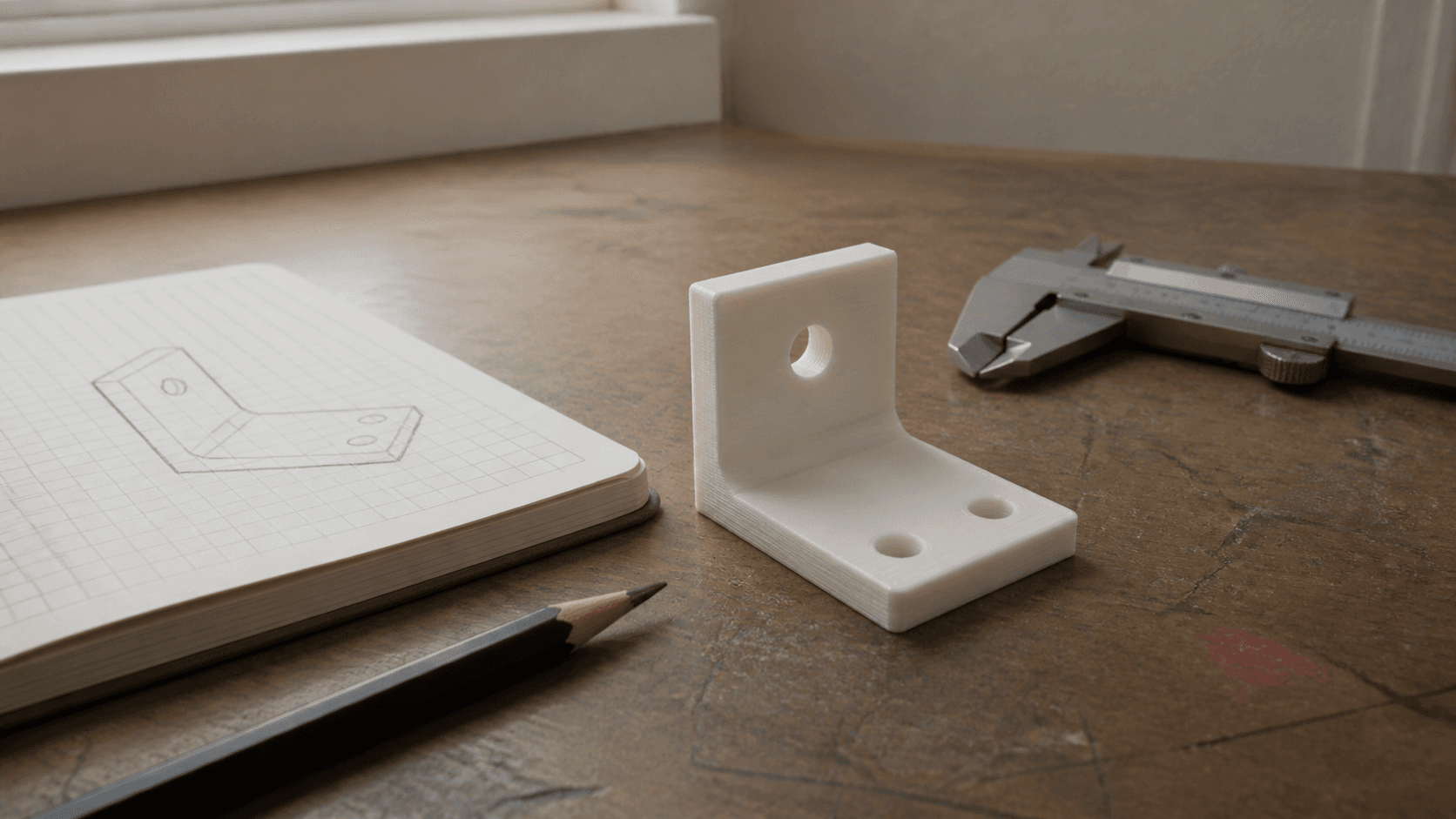 Escuadra impresa en FDM sobre una mesa de trabajo junto a un cuaderno con croquis y un calibre desenfocado