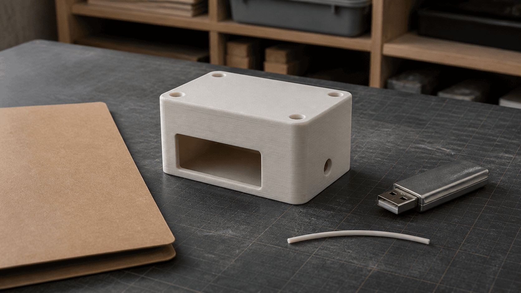 Carcasa blanca impresa en 3D junto a una memoria USB, una carpeta sin rotular y un tramo de filamento