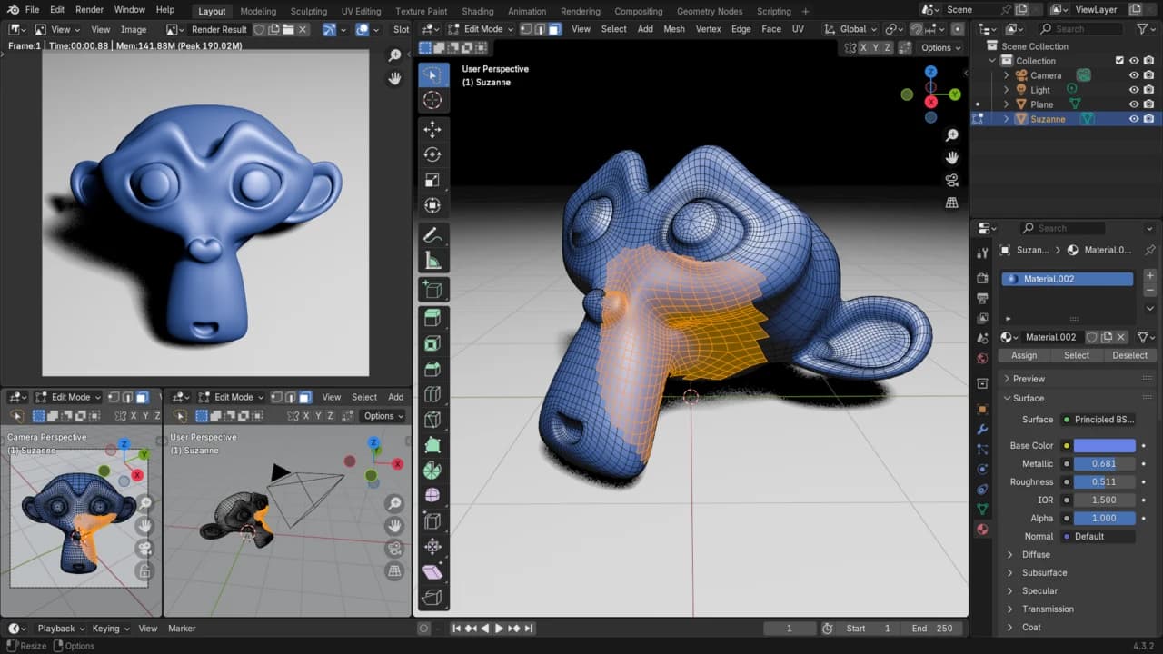 Blender 4.3.2: edición de la malla Suzanne y render en una interfaz dividida.