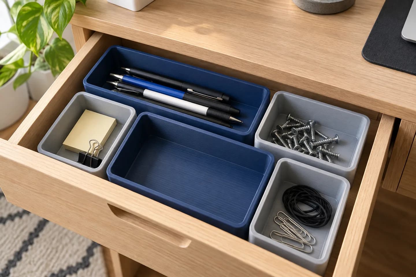 Organizadores modulares para un cajón; concepto ilustrado con IA, sin fabricación documentada.