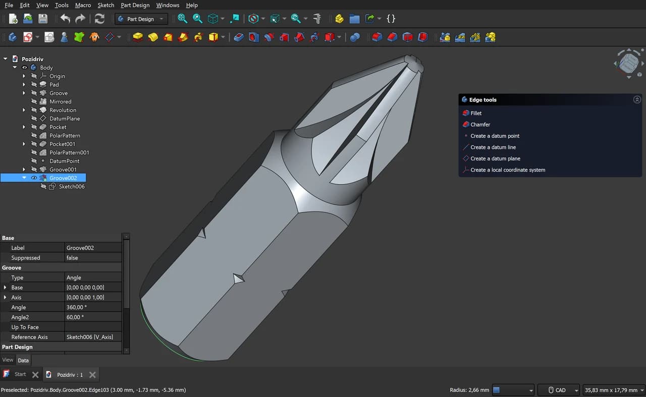 FreeCAD 1.0: una punta Pozidriv con su árbol de operaciones en Part Design.