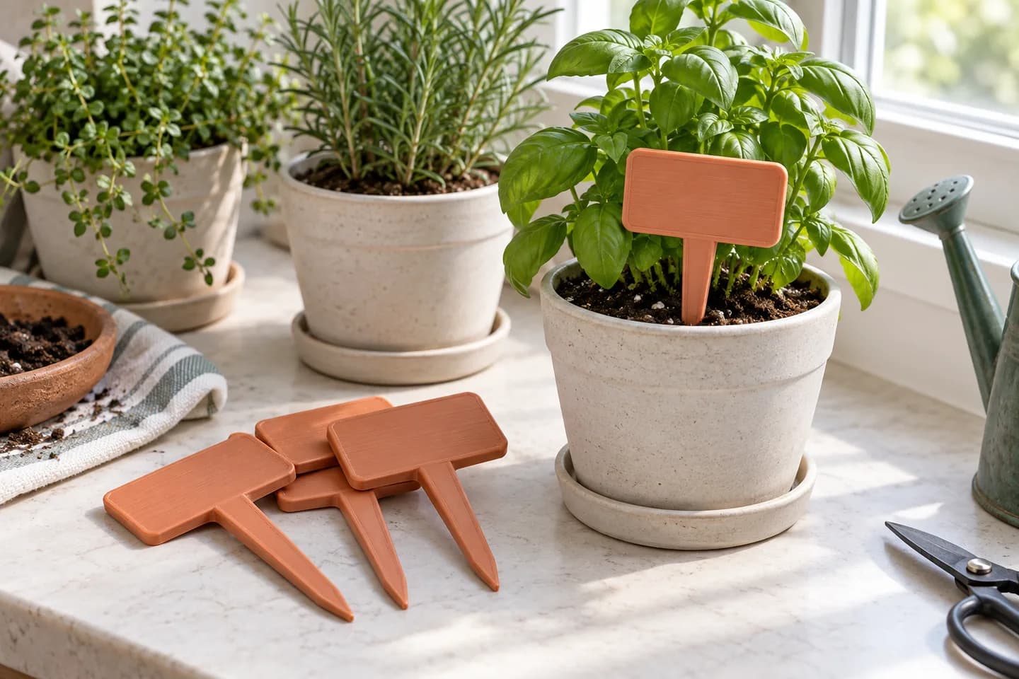 Marcadores para pequeñas plantas; concepto ilustrado con IA, sin fabricación documentada.