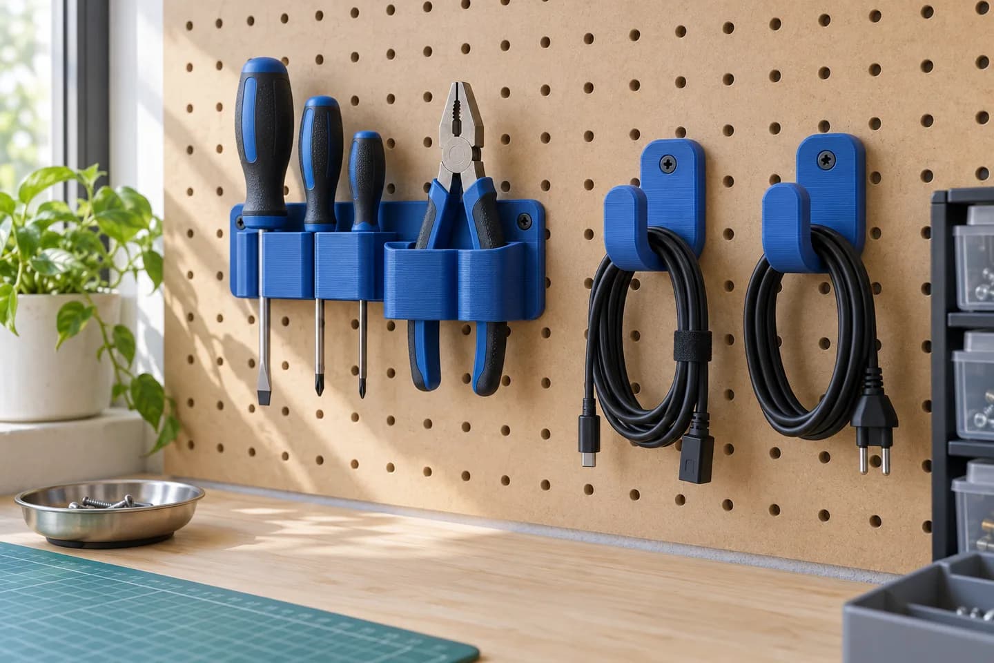 Organización de herramientas y cables en un panel; concepto ilustrado con IA, sin fabricación documentada.