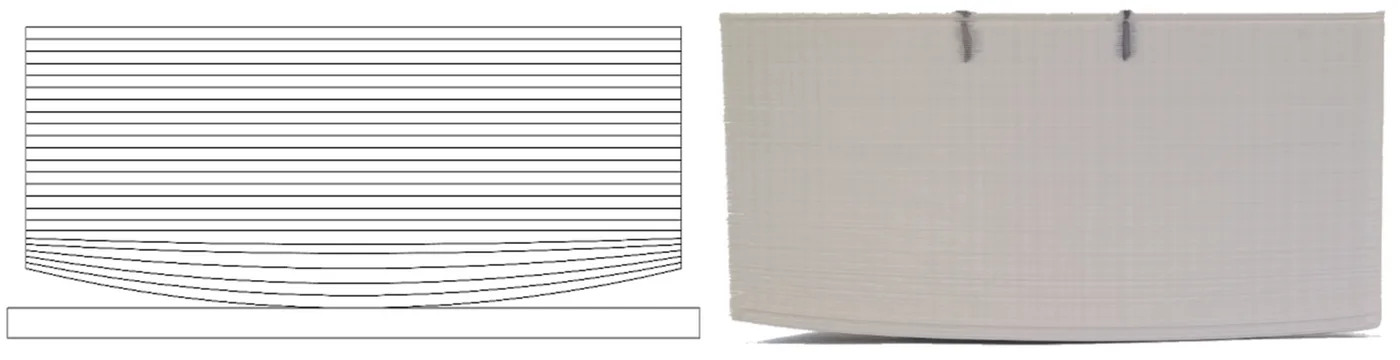 Figura comparativa con un esquema de capas curvadas por warping y una fotografía lateral de una probeta blanca deformada